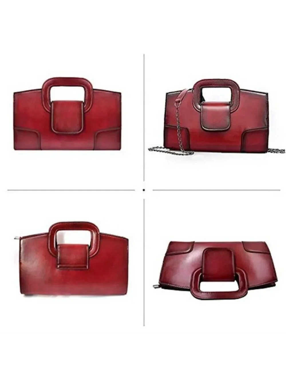 Vintage Style Flap Dark Red Tote Top Handle Satchel Handbags Vegan Leather